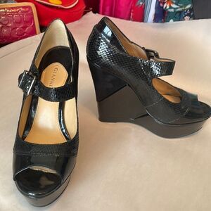 Gianni Bini black leather and suede open toe Mary Jane wedge sandals
